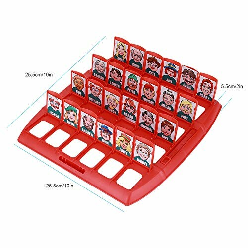 Bordspel met verschillende karakters en afmetingen in centimeters en inches.