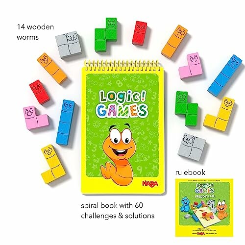 HABA logica spellen set met houten wormen en regelboek.