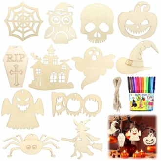 Houten Halloween decoraties met pompoenen, heks, en spook