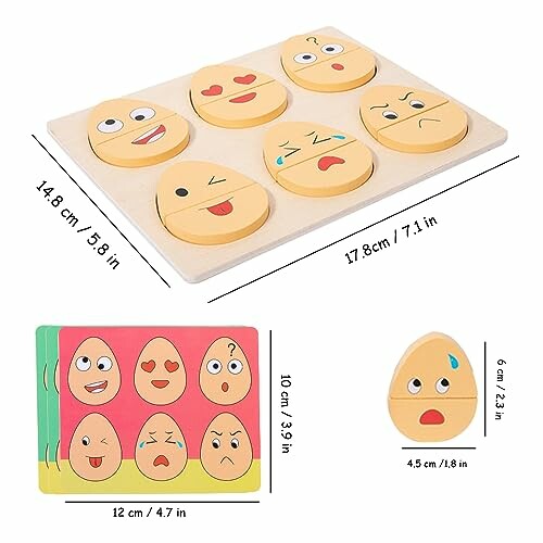 Houten puzzel met verschillende emoticons en afmetingen in centimeters en inches.