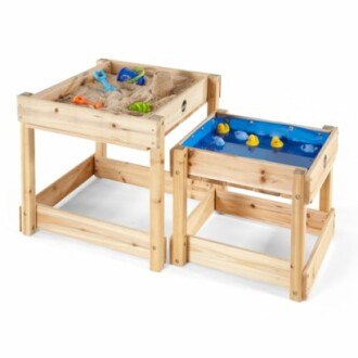 Houten speeltafel met zand en waterbakken