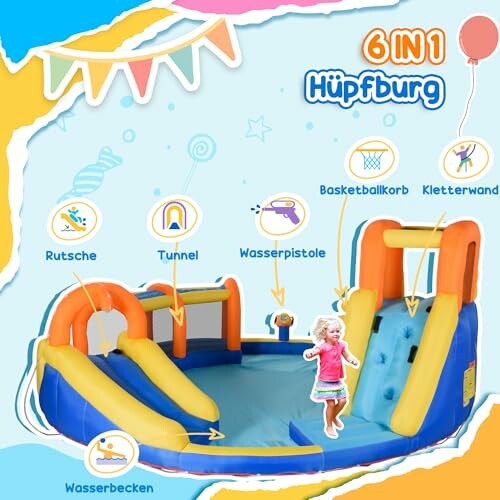 Opblaasbaar springkasteel met glijbaan, tunnel, waterpistool, basketbalring, klimmuur en waterpoel.