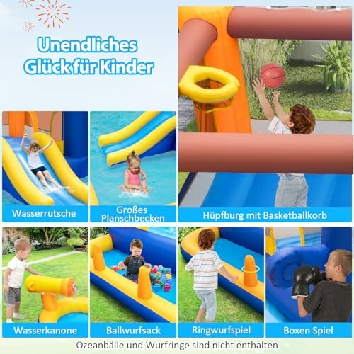 Kinderen spelen op een opblaasbaar waterpark met glijbanen en spellen.