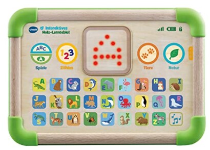 Interactieve houten leertablet voor kinderen met letters en dieren.