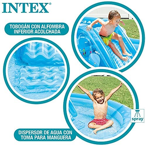 Kinderen spelen op Intex waterglijbaan en zwembad