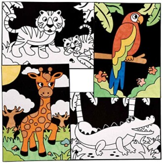 Kleurplaten van jungle dieren met tijgers, papegaai, giraffe en krokodil.