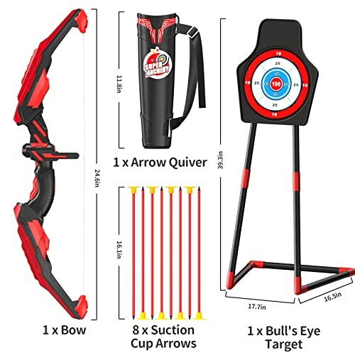 Boogschietset voor kinderen met boog, pijlkoker, zuignappijlen en doelwit.