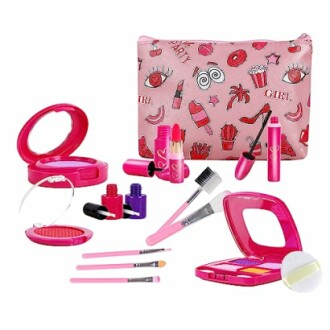 Roze make-up set voor kinderen met tas en accessoires.