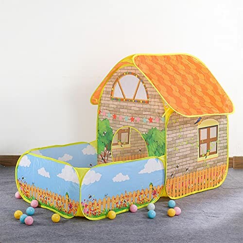 Kinderspeeltent in de vorm van een huis met ballen.