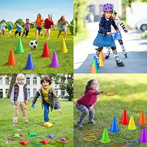 Kinderen spelen buiten met kegels en hoepels