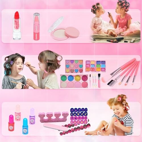 Kinderen spelen met make-up en nagellak.