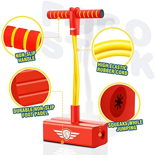 Rode pogo stick met gele elastische koord en antislip handvat