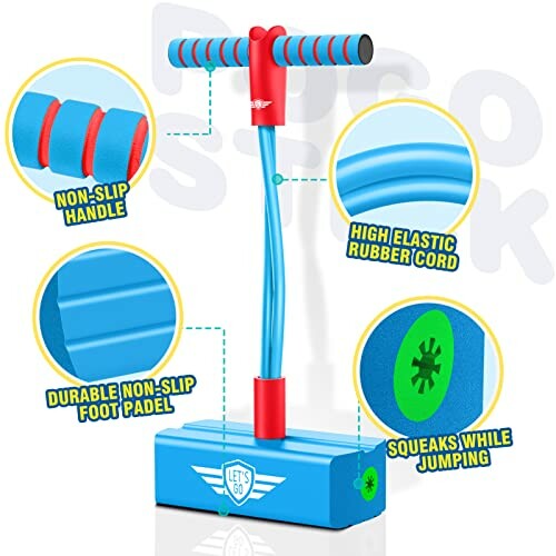 Blauwe pogo stick met antislip handvat en veer