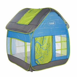 Blauwe en groene speeltent voor kinderen met boomprint.