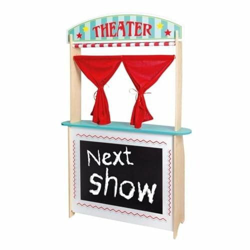 Kinderpoppenkast met gordijnen en bord met 'Next Show'.