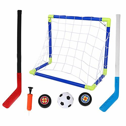 Kindersportset met hockeysticks, doel en ballen.