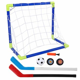 Kindersportset met doelnet, bal, pomp en hockeysticks.