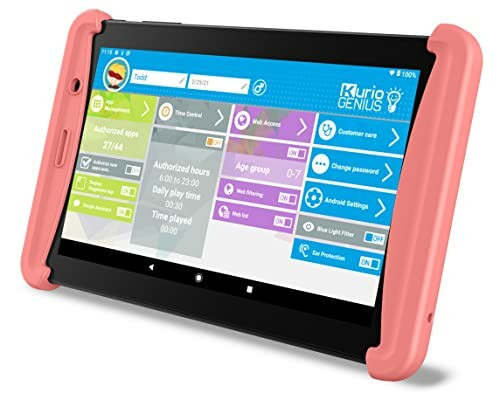 Kindertablet met roze hoes en educatieve apps op scherm.