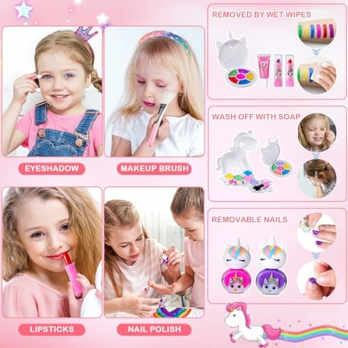 Kinderen met eenhoorn make-up set en accessoires