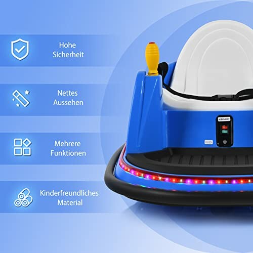 Blauwe kinderbumperauto met veiligheids- en functiekenmerken