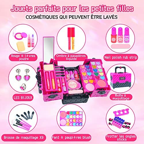 Roze make-up speelset voor kinderen met accessoires.