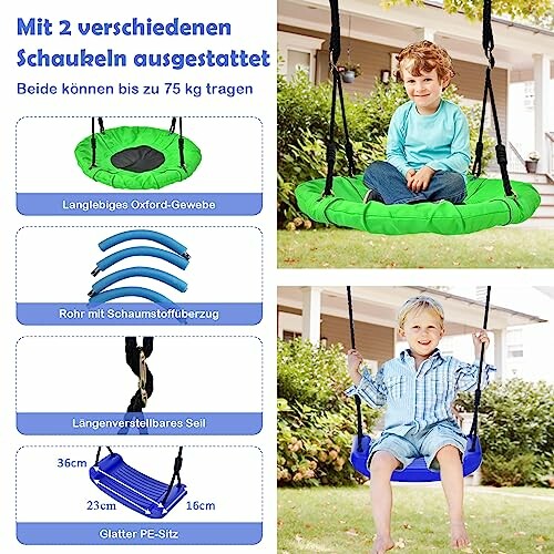 Kinderschommel set met groene en blauwe schommelstoelen, geschikt tot 75 kg.