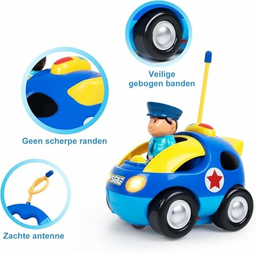 Blauw speelgoedauto met pop en veilige kenmerken