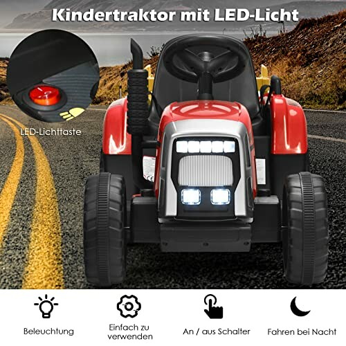 Rode kindertractor met LED-licht op een weg