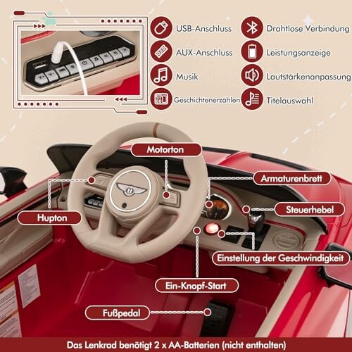 Dashboard van een speelgoedauto met verschillende functies in het Duits aangegeven.