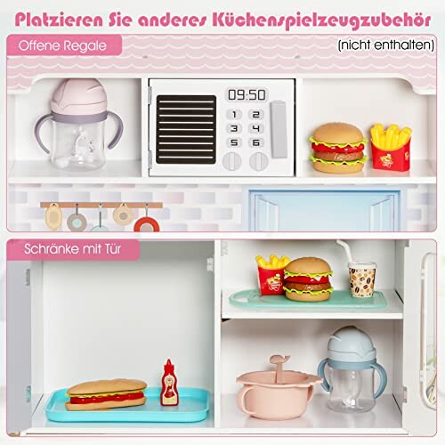 Speelgoedkeuken met accessoires zoals hamburger en friet.