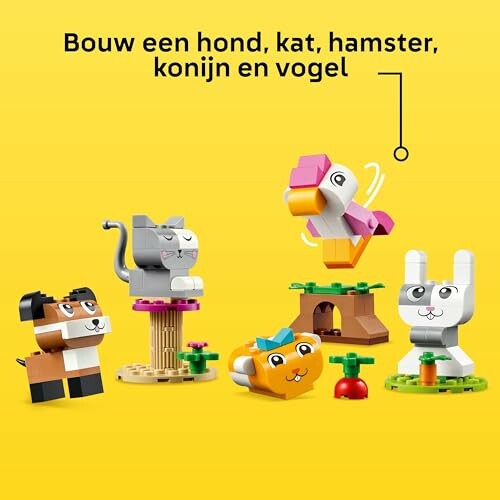 Verschillende dieren gemaakt van LEGO-stenen, waaronder een hond, kat, hamster, konijn en vogel.