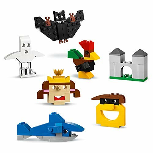 Verschillende LEGO dierengezichten en figuren.