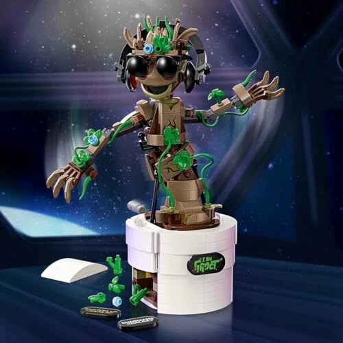 Lego baby Groot figuur met koptelefoon en microfoon