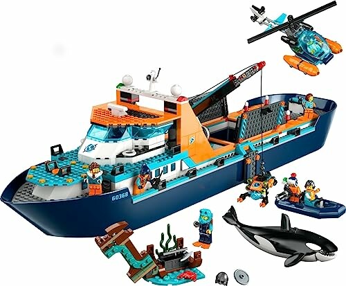 Lego speelgoedboot met helikopter, orka, en figuren