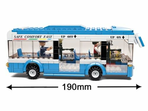 Lego model van een blauwe bus met figuren