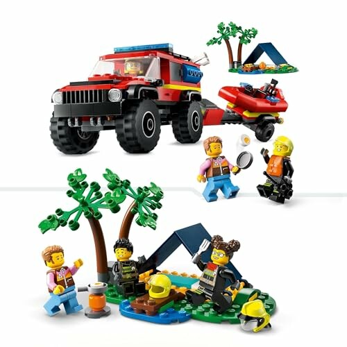 Lego set met terreinwagen, kampvuur en tent