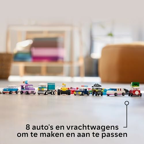 Verschillende Lego-auto's en vrachtwagens op een rij