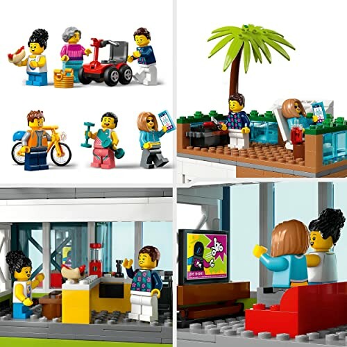 Verschillende LEGO personages met accessoires en stadsachtergrond