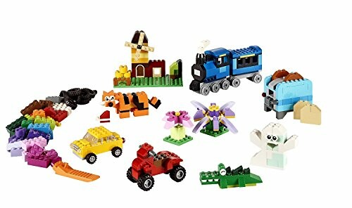 Verschillende LEGO-creaties inclusief trein, auto en dieren