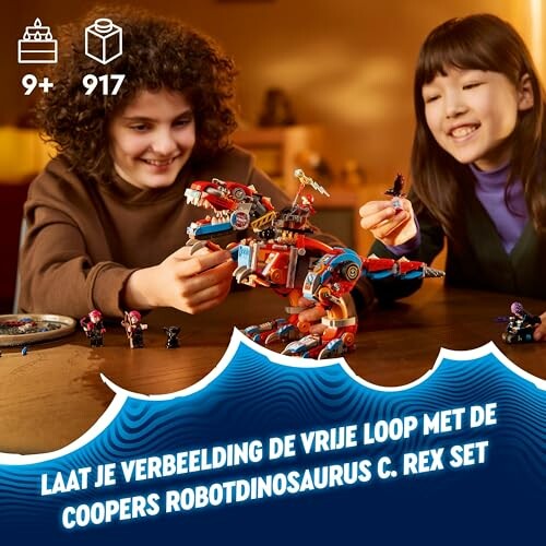 Kinderen spelen met een Lego dinosaurus set op tafel.