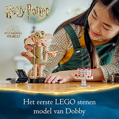 Kind speelt met LEGO Dobby model en taart