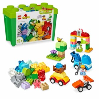 Lego Duplo set met verschillende gekleurde bouwstenen en figuren.