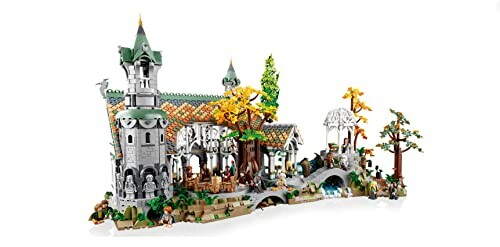 Lego set van een elfenkasteel met bomen en brug