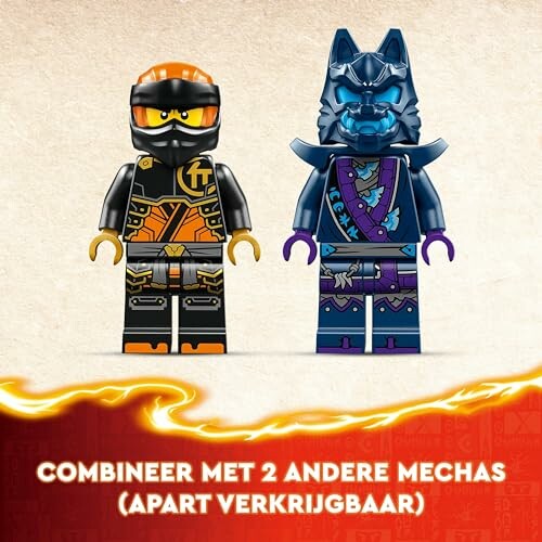 Twee LEGO-figuren met tekst over combineren met mechas