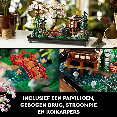 LEGO-set van een Japanse tuin met paviljoen en brug.