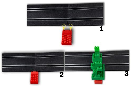 Drie afbeeldingen van een magneetexperiment met LEGO-stenen.