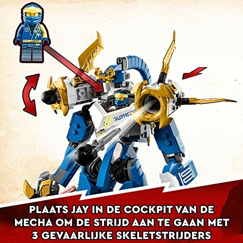 Lego-mecha met Jay in de cockpit en skelettenstrijders