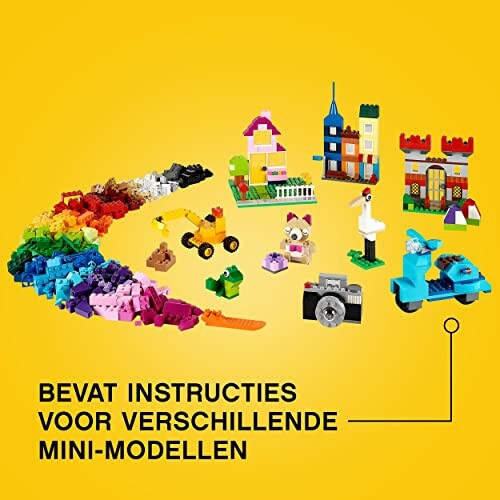 Verschillende kleurrijke LEGO mini-modellen en blokken op een gele achtergrond.