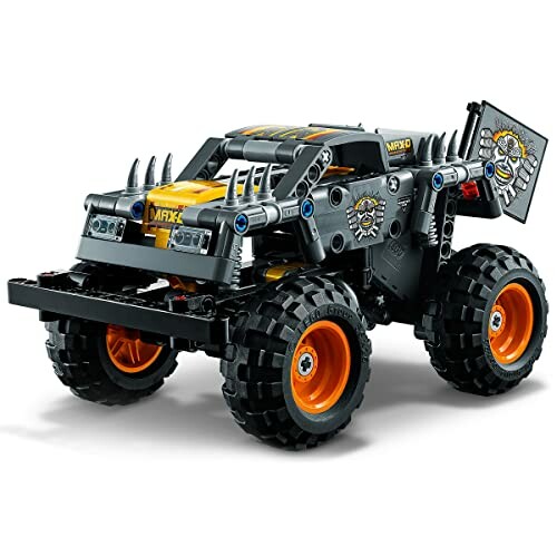 Zwart en geel LEGO monstertruck speelgoed met spikes en vlag.