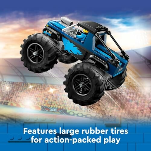 Blauwe LEGO monstertruck met grote rubberbanden voor actievol spel.